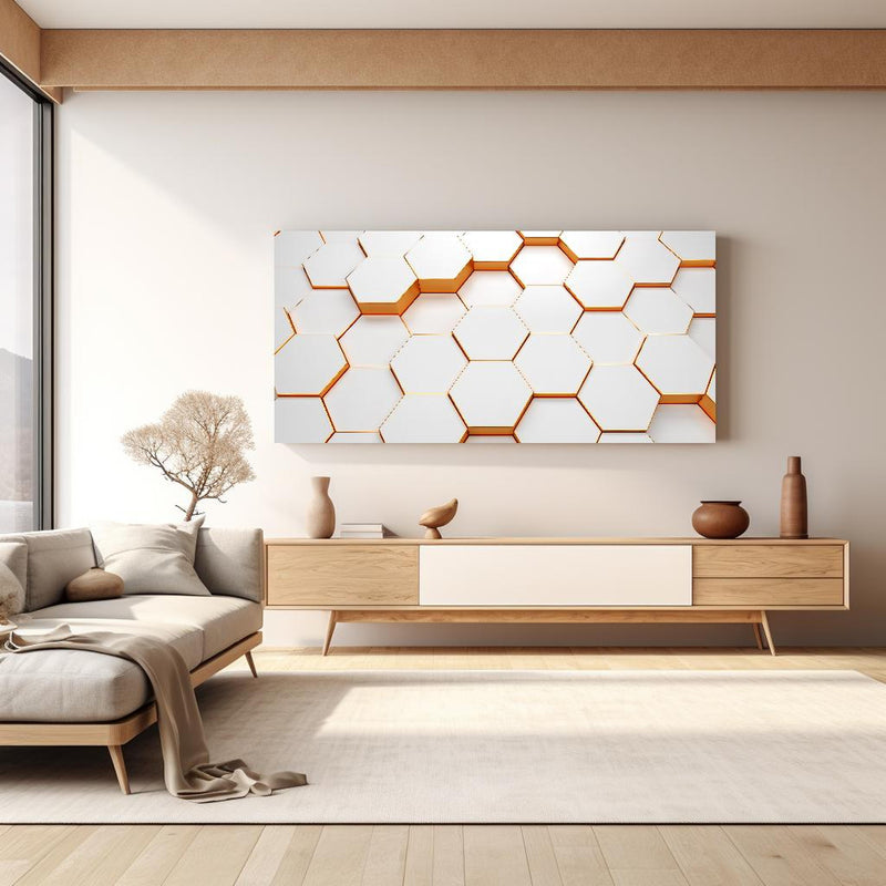 Wandbild - Modernes Sechseck Muster in hellem Wohnzimmer über extravaganter Kommode