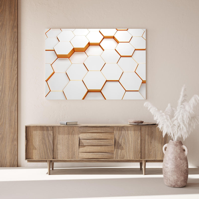 Wandbild - Modernes Sechseck Muster über Holzkommode hinter dekorativer Zimmerpflanze