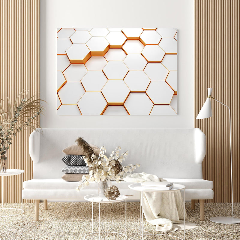 Wandbild - Modernes Sechseck Muster in extravagant gestaltetem Raum mit minimalistischer Couch-quadratisch