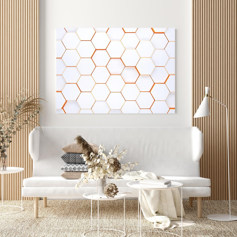 Wandbild - Modernes sechseckiges Hintergrundmuster in extravagant gestaltetem Raum mit minimalistischer Couch-quadratisch