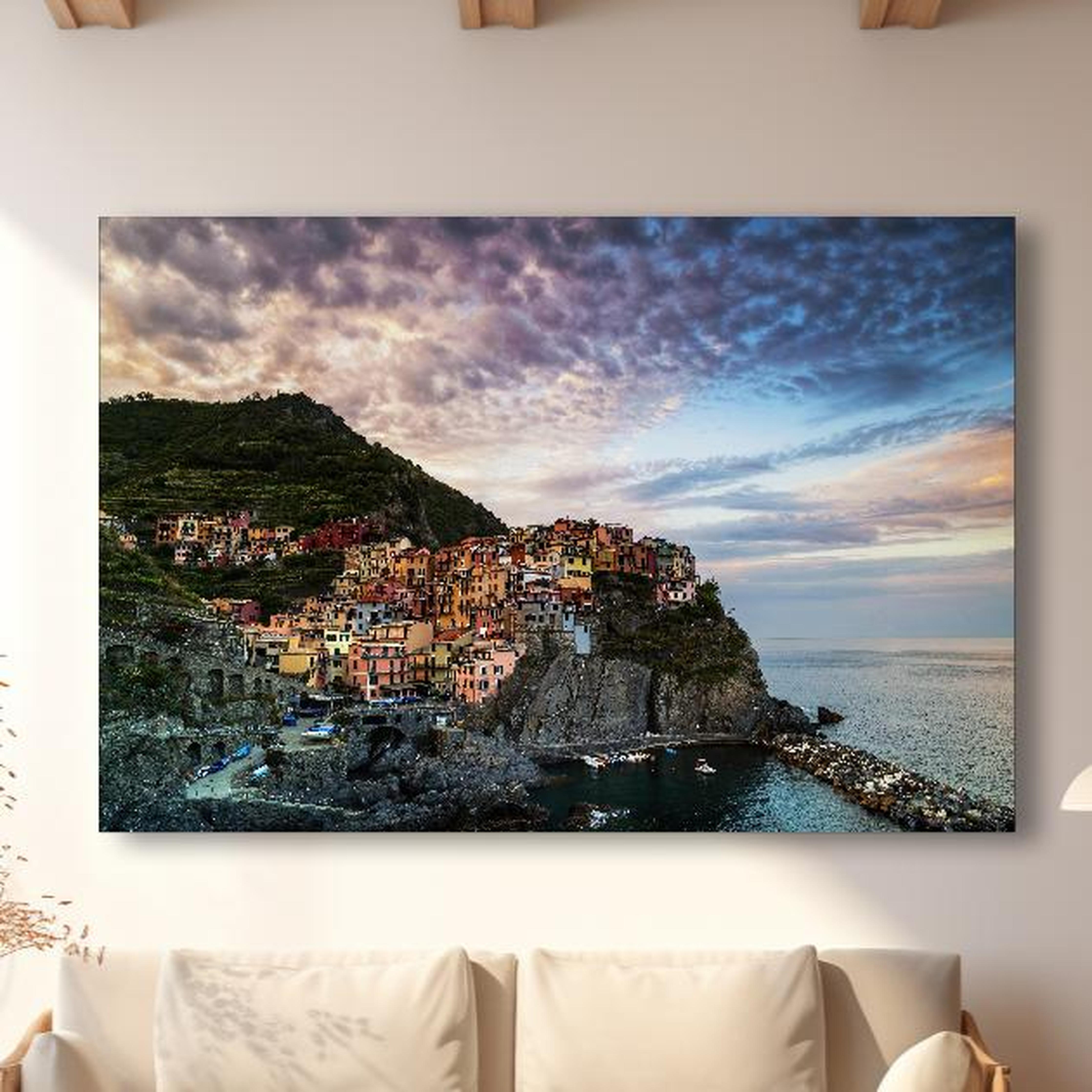 Wandbild - Morgengrauen - Manarola, Italien in modernem Wohnzimmer im Loft-Stil Zoom