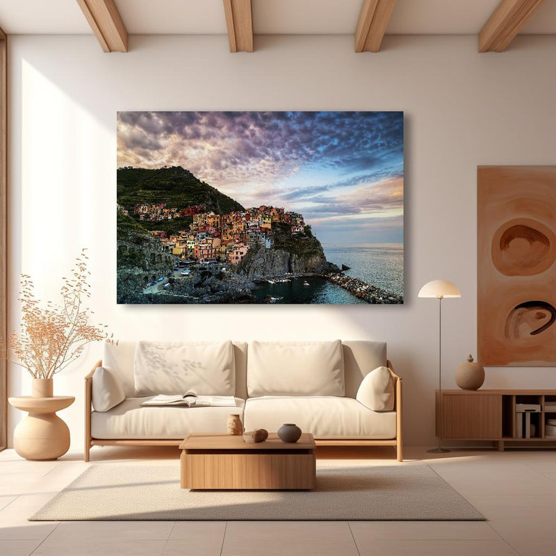 Wandbild - Morgengrauen - Manarola, Italien in modernem Wohnzimmer im Loft-Stil