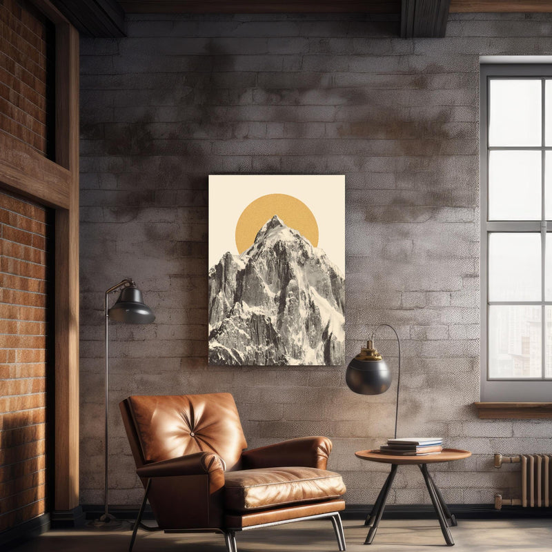 Wandbild - Mountainscape über geschmackvollem Sessel an rustikaler Ziegelwand