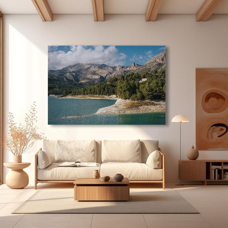 Wandbild - Mountaintown in modernem Wohnzimmer im Loft-Stil