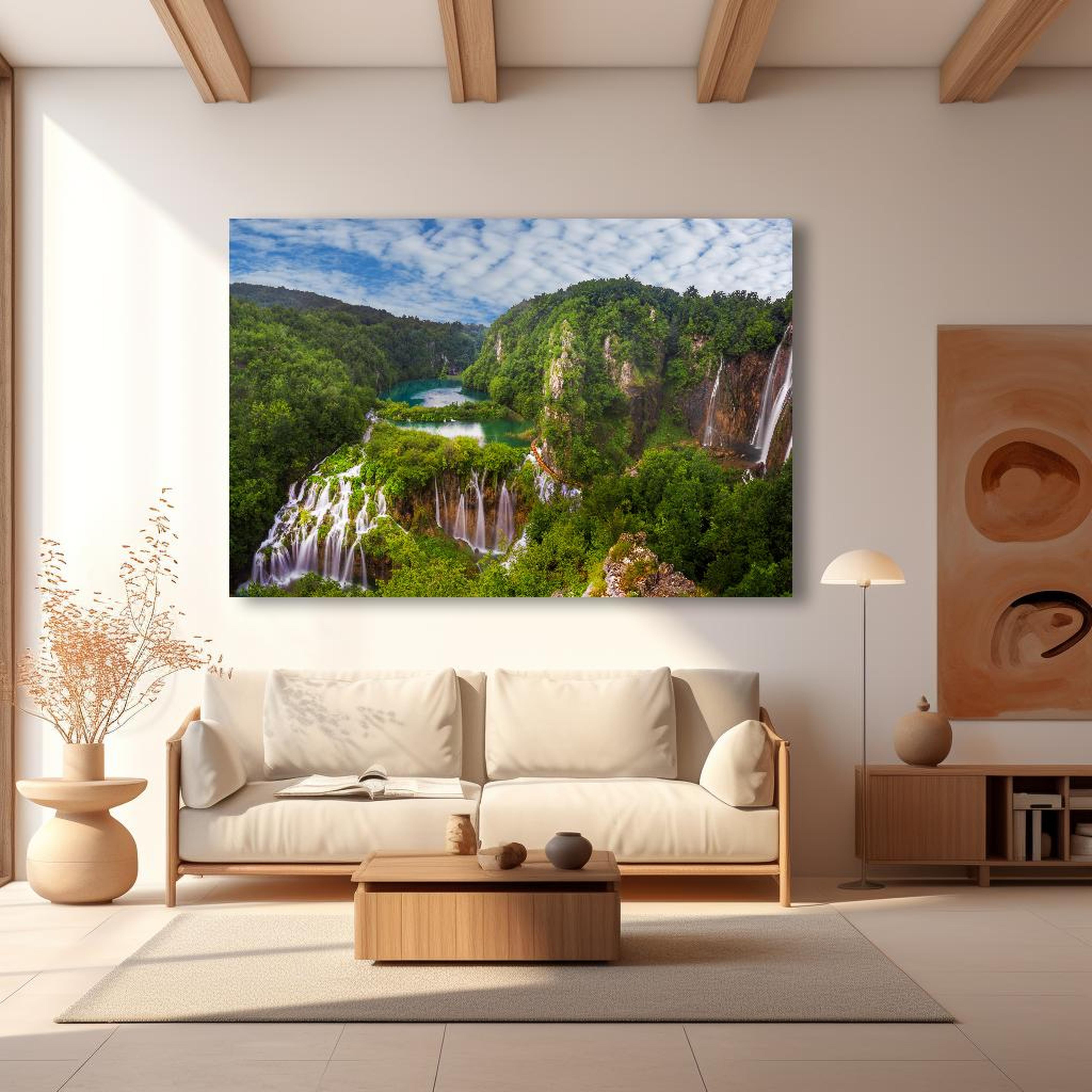 Wandbild - Multi-Wasserfall - Landschaft in modernem Wohnzimmer im Loft-Stil