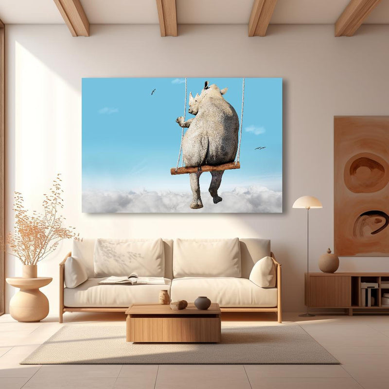 Wandbild - Nashorn schaukelt über den Wolken in modernem Wohnzimmer im Loft-Stil