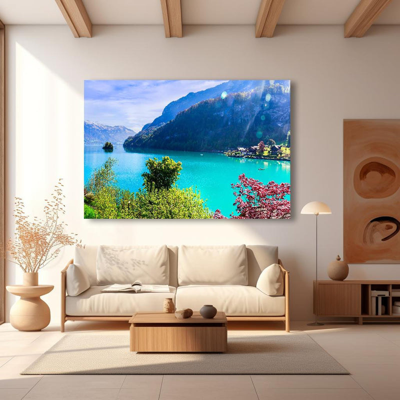 Wandbild - Naturkulisse des Brienzersees - Schweiz in modernem Wohnzimmer im Loft-Stil