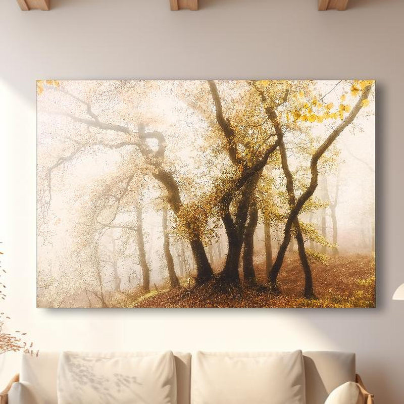 Wandbild - Nebeliger Wald im Herbst in modernem Wohnzimmer im Loft-Stil Zoom