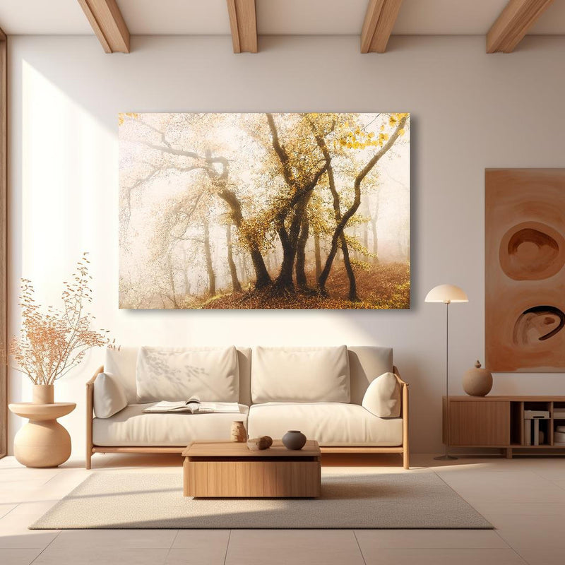 Wandbild - Nebeliger Wald im Herbst in modernem Wohnzimmer im Loft-Stil
