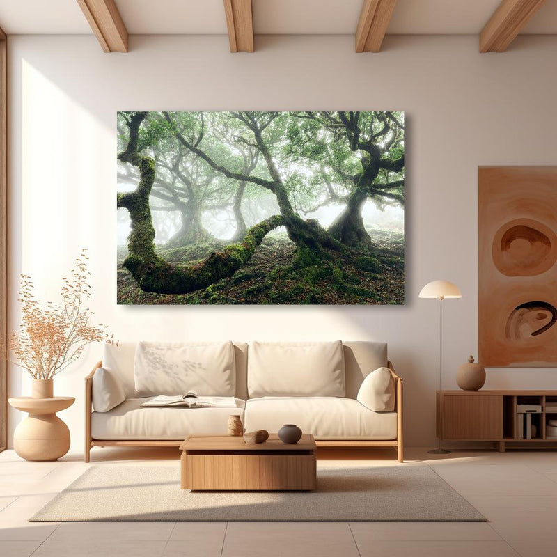 Wandbild - Nebeliger, mystischer Wald in modernem Wohnzimmer im Loft-Stil