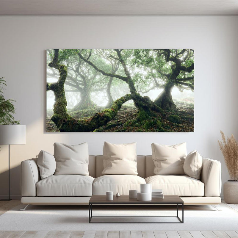 Wandbild - Nebeliger, mystischer Wald hinter sanfter Couch mit cremefarbenen großen Kissen