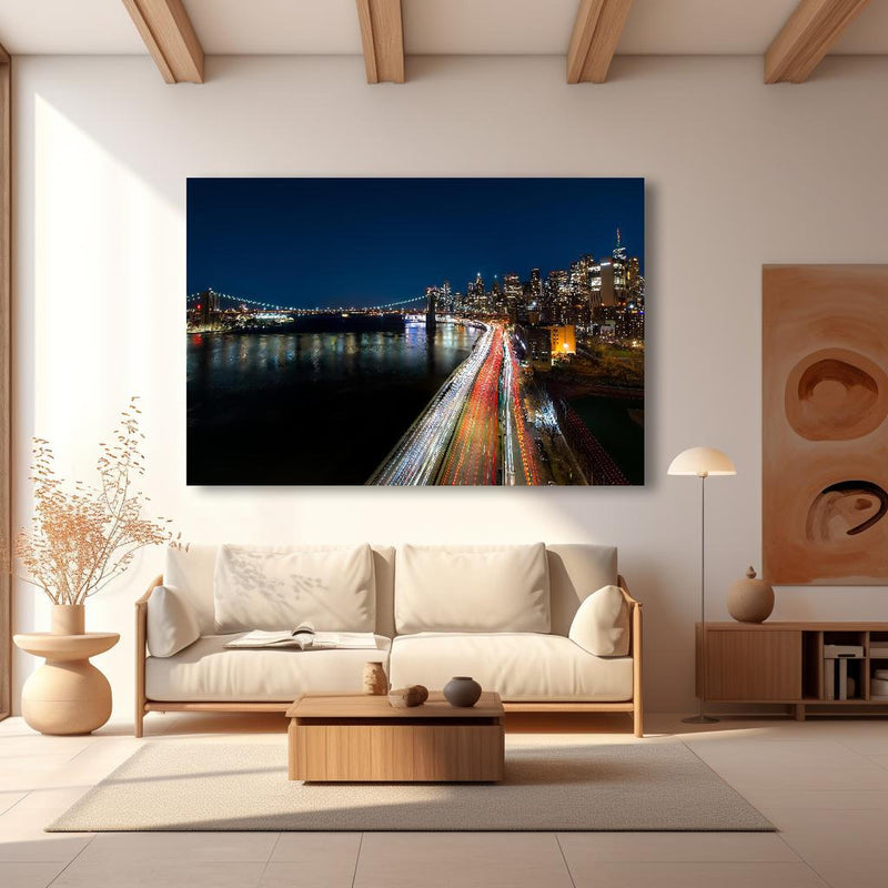 Wandbild - New York Light Night in modernem Wohnzimmer im Loft-Stil