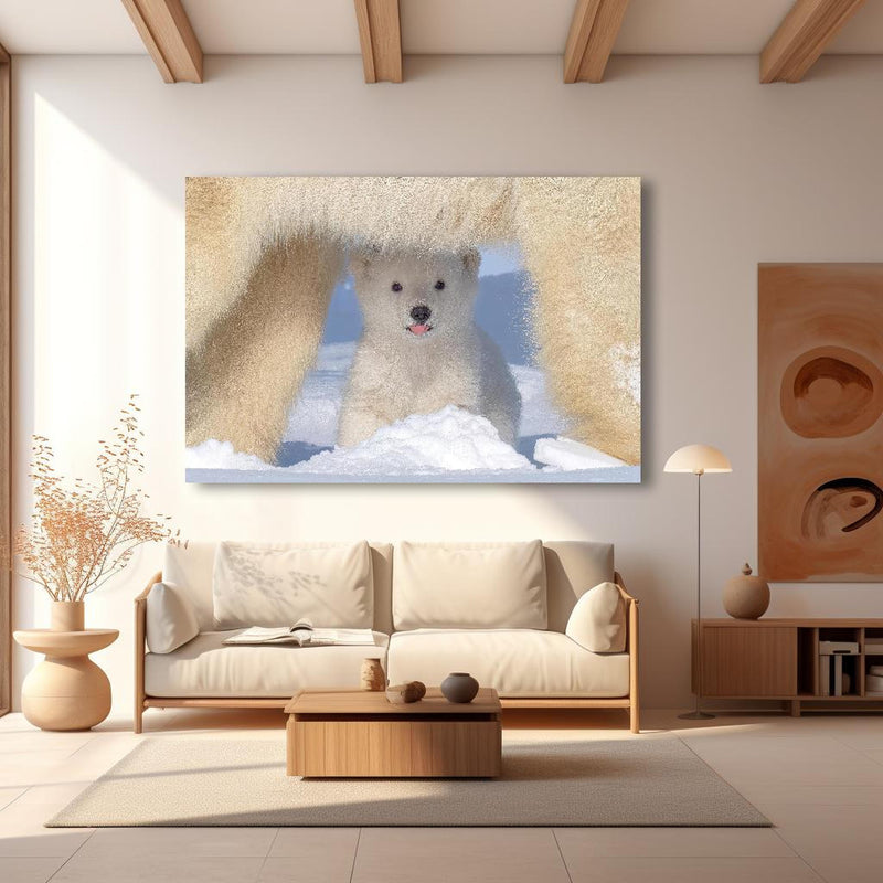 Wandbild - Niedliches Jungtier - Eisbär in modernem Wohnzimmer im Loft-Stil