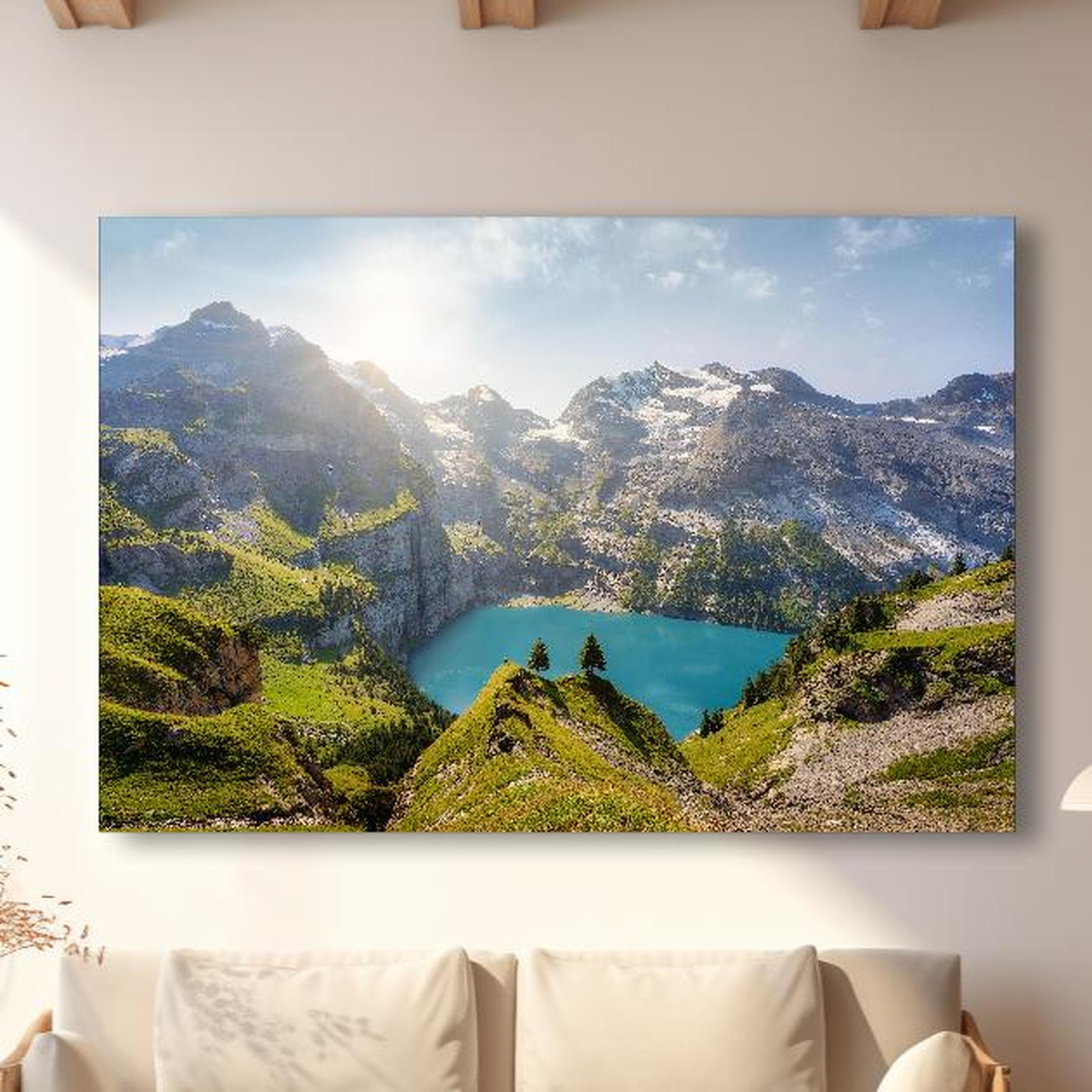 Wandbild - Oeschinensee in den Schweizer Alpen in modernem Wohnzimmer im Loft-Stil Zoom