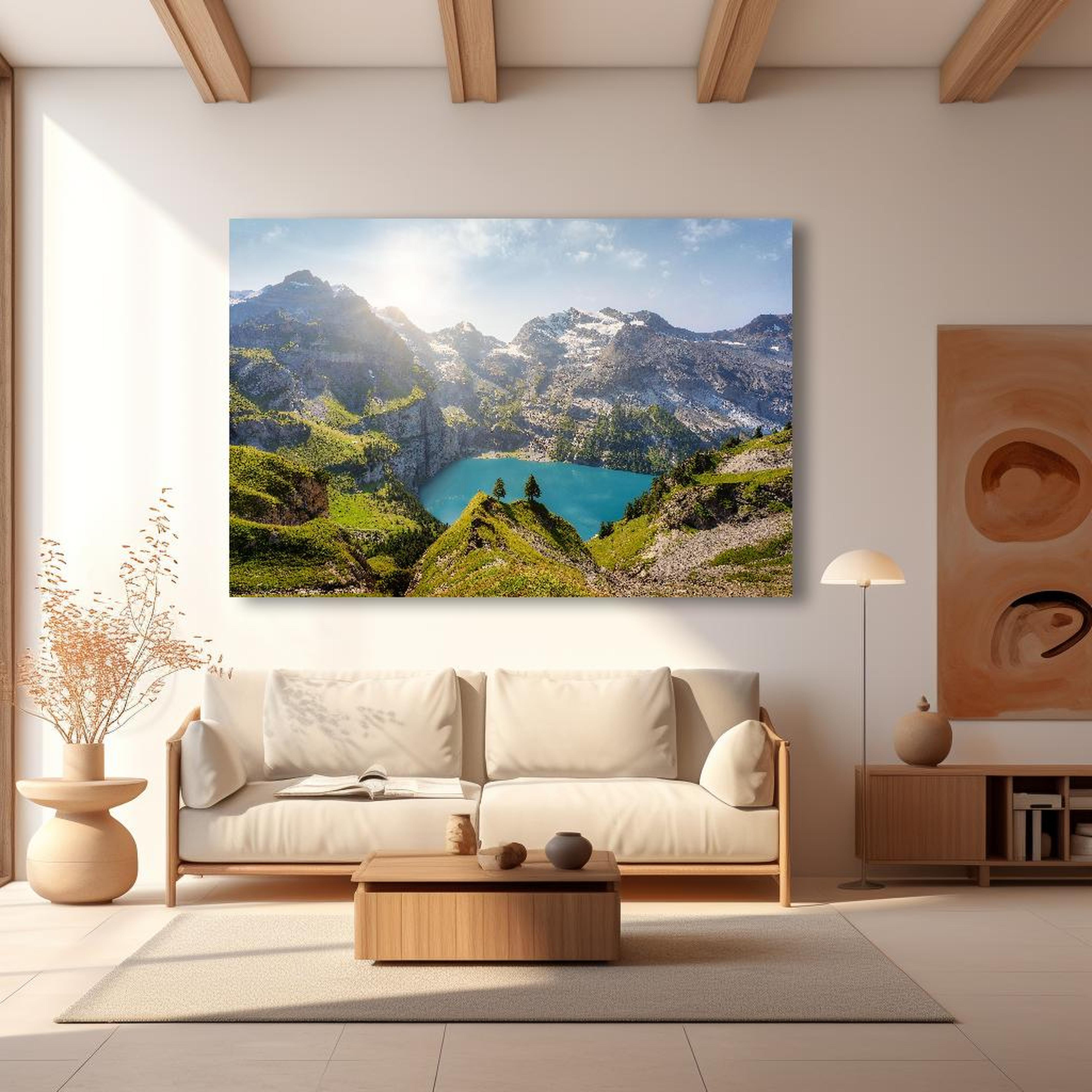 Wandbild - Oeschinensee in den Schweizer Alpen in modernem Wohnzimmer im Loft-Stil