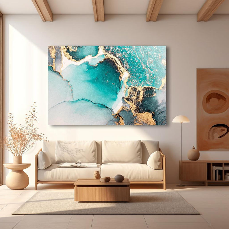 Wandbild - Ozean Blaue Flüssigkunst in modernem Wohnzimmer im Loft-Stil