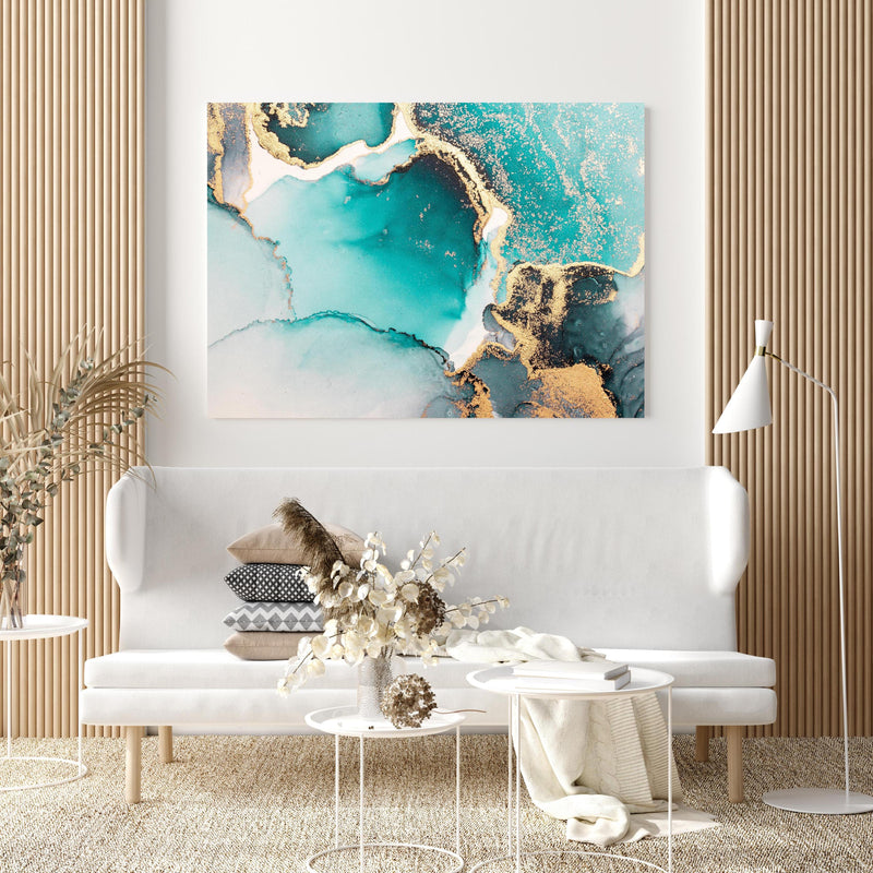 Wandbild - Ozean Blaue Flüssigkunst in extravagant gestaltetem Raum mit minimalistischer Couch-quadratisch