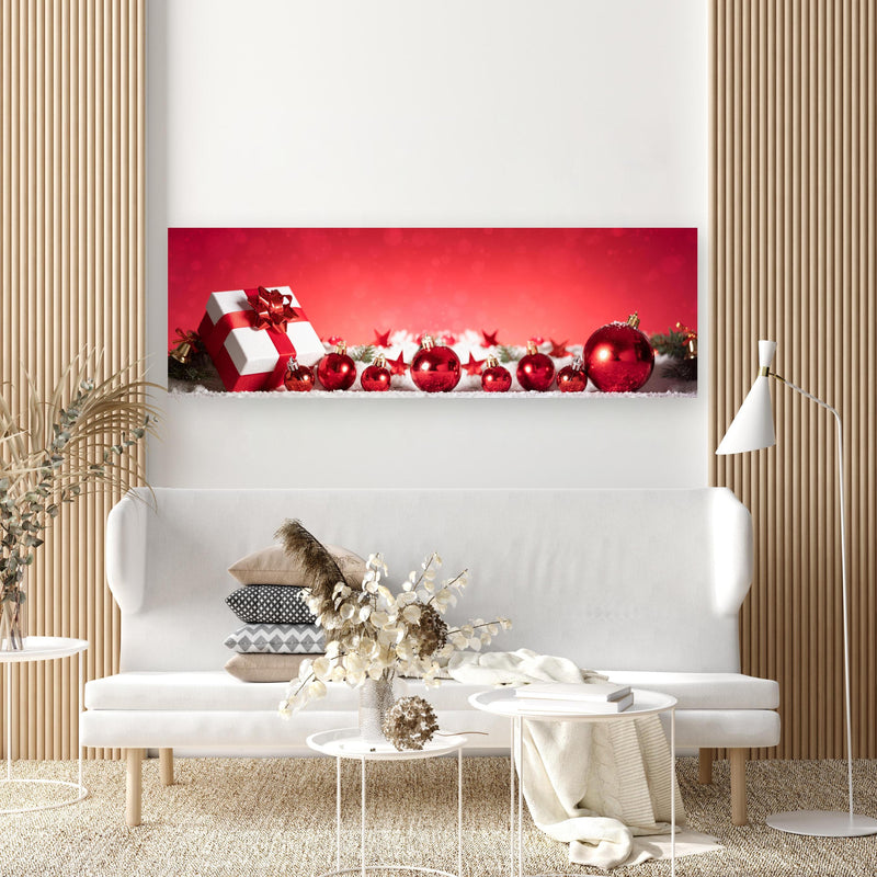 Wandbild - Panoramabild von Weihnachtsdekoration in extravagant gestaltetem Raum mit minimalistischer Couch-rechteckig