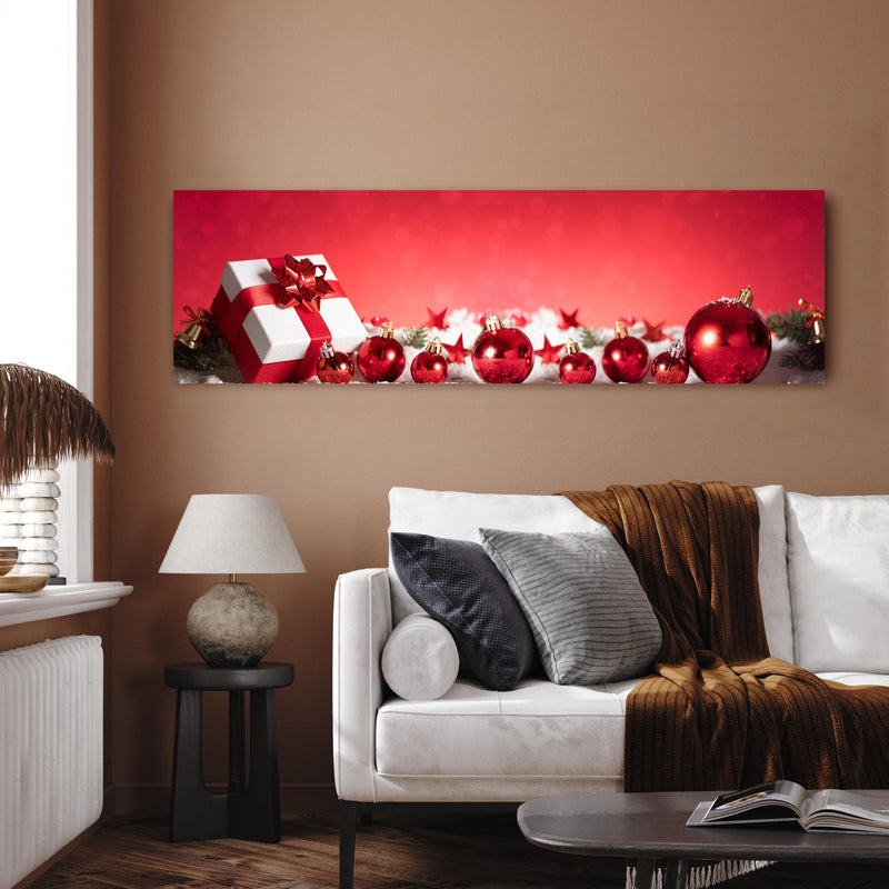 Wandbild - Panoramabild von Weihnachtsdekoration in dekorativem Wohnzimmer über einladendem Sofa
