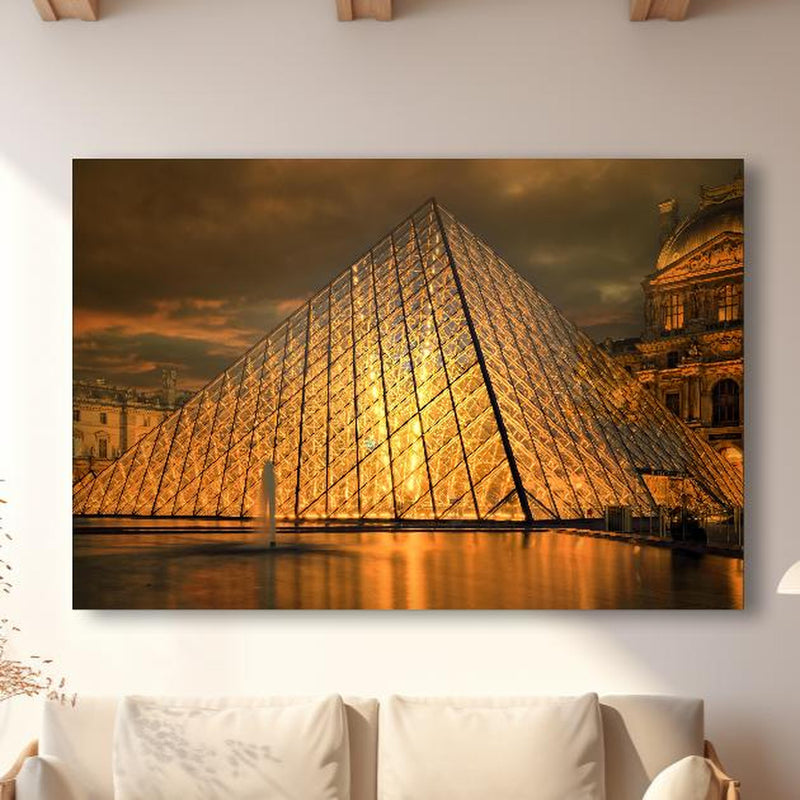 Wandbild - Paris Le Louvre in modernem Wohnzimmer im Loft-Stil Zoom