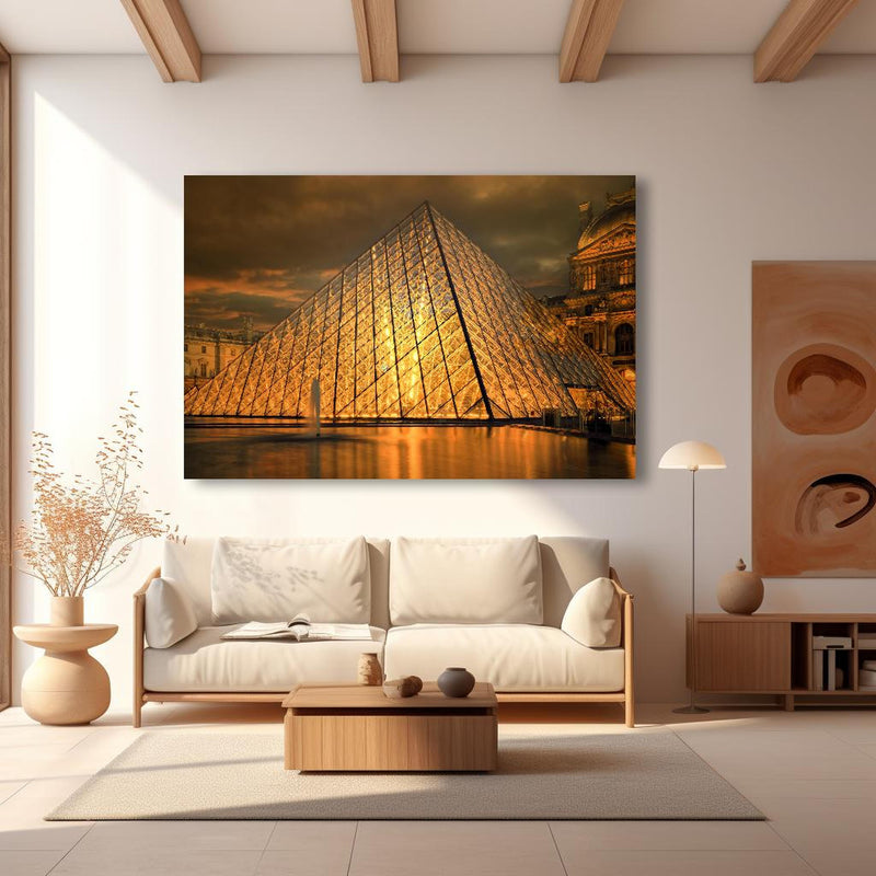 Wandbild - Paris Le Louvre in modernem Wohnzimmer im Loft-Stil