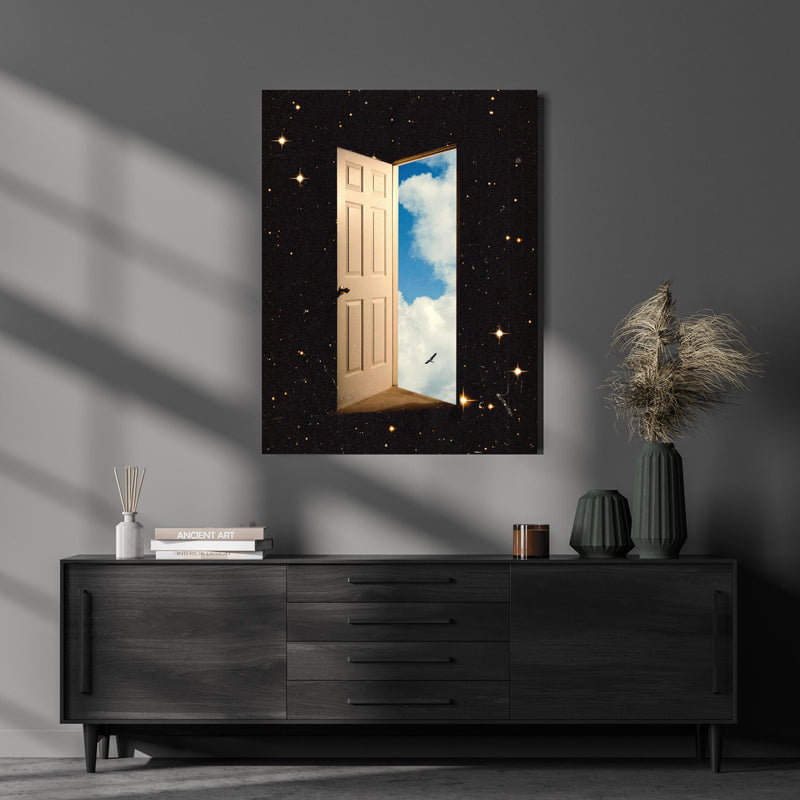 Wandbild - Raumreisen - Türportal über luxuriöser Holzkommode und dunkelgrünen Vasen