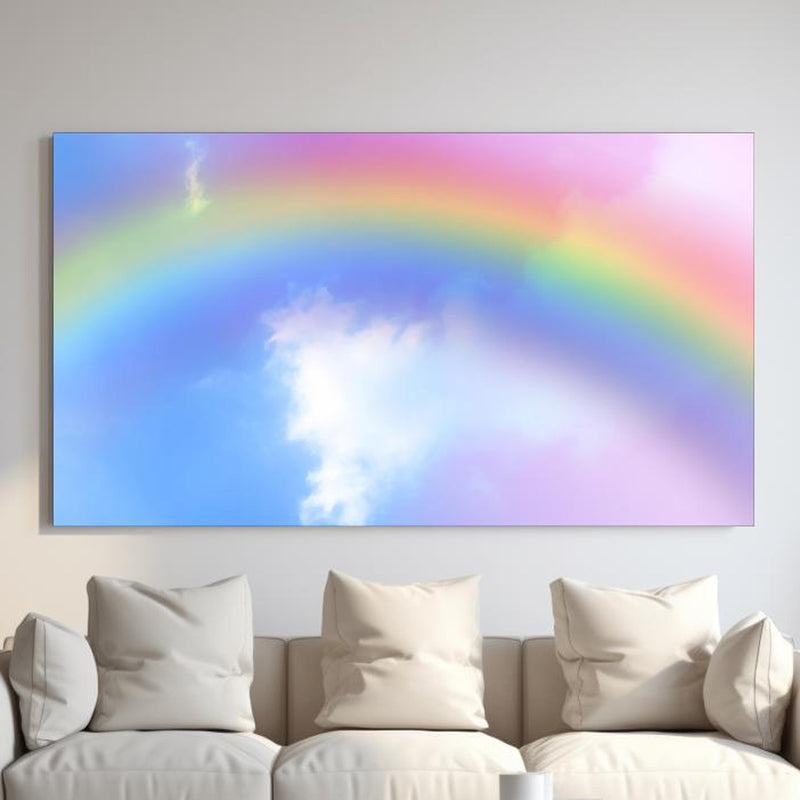 Wandbild - Regenbogen im Wolkenhimmel hinter sanfter Couch mit cremefarbenen großen Kissen Zoom