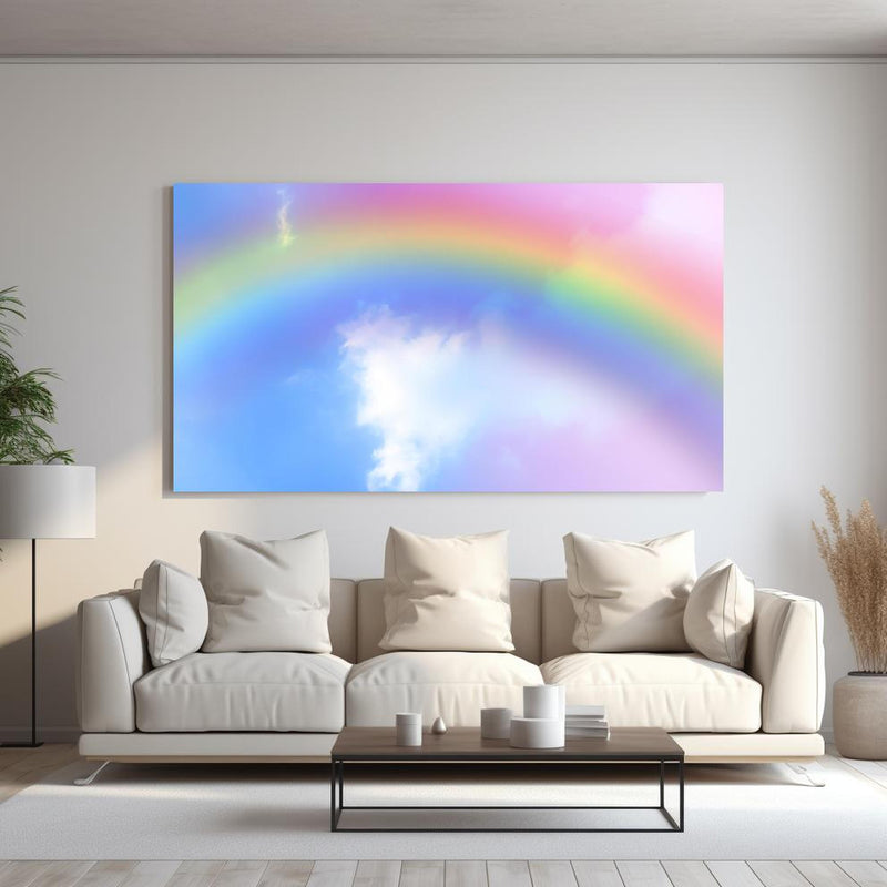 Wandbild - Regenbogen im Wolkenhimmel hinter sanfter Couch mit cremefarbenen großen Kissen
