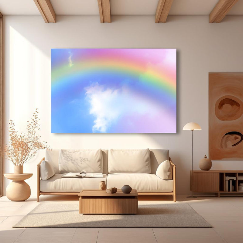 Wandbild - Regenbogen im Wolkenhimmel in modernem Wohnzimmer im Loft-Stil