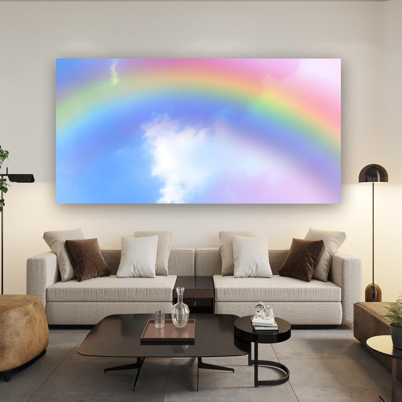 Wandbild - Regenbogen im Wolkenhimmel über Urban-Stil Couch hinter futuristischem Tisch