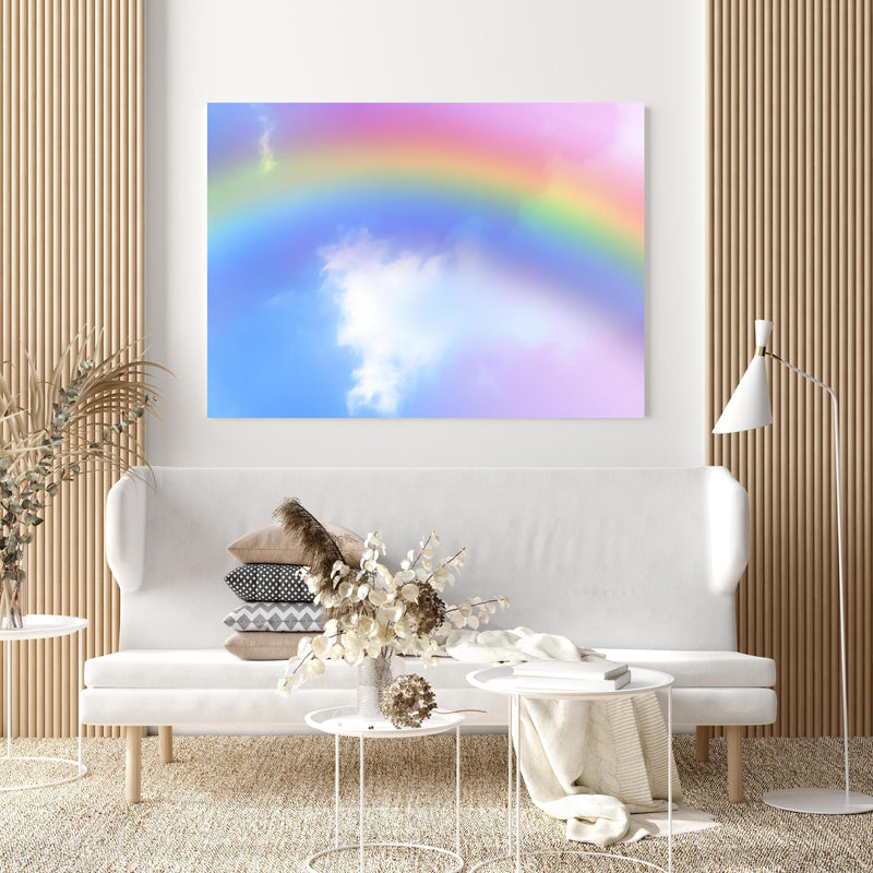 Wandbild - Regenbogen im Wolkenhimmel in extravagant gestaltetem Raum mit minimalistischer Couch-quadratisch