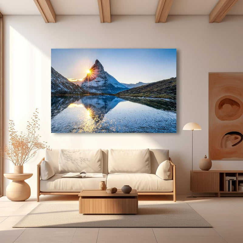 Wandbild - Riffelsee und Matterhorn in den Alpen in modernem Wohnzimmer im Loft-Stil