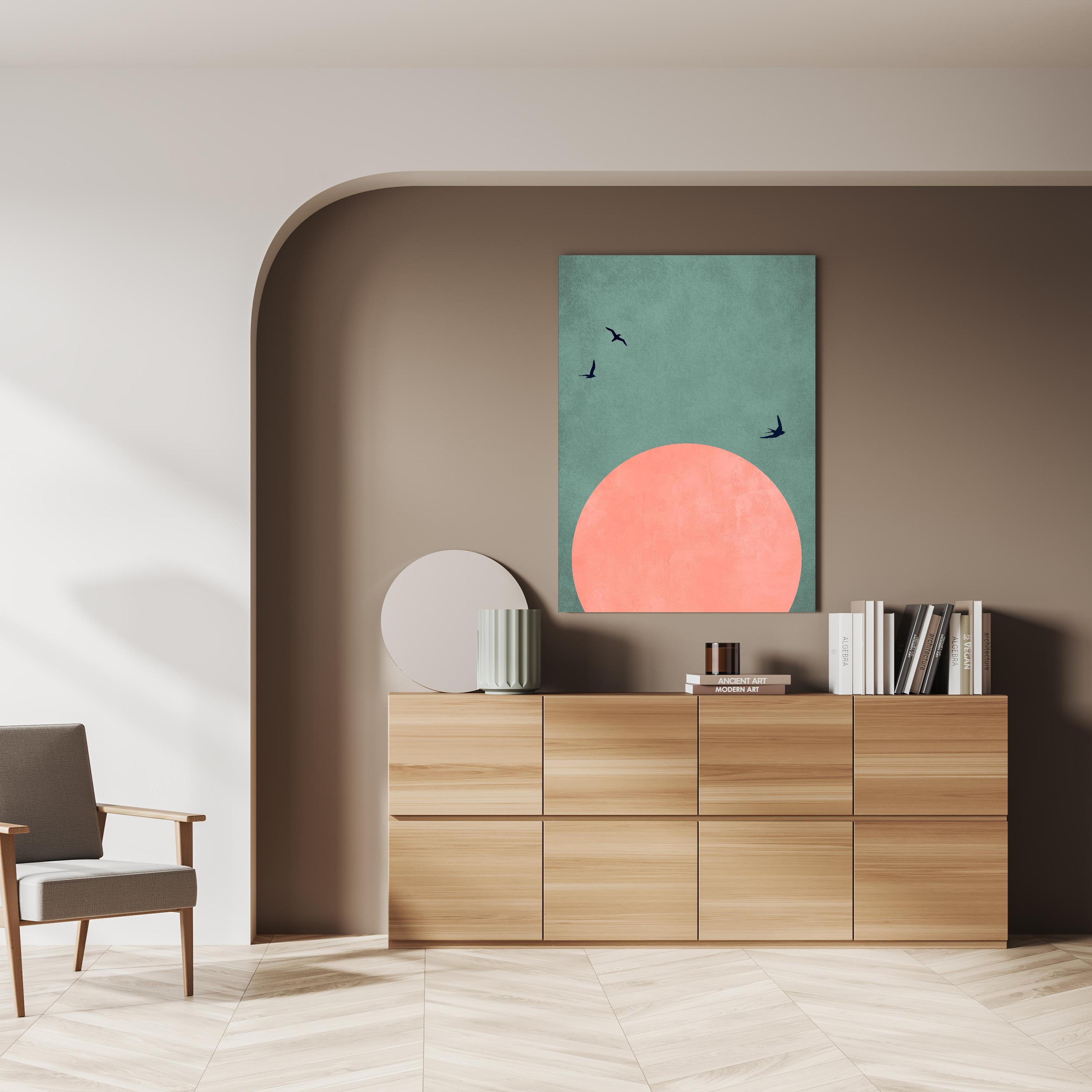 Wandbild - Rosa Dämmerung - Gemälde über doppelter Holzkommode mit Vase und Büchersammlung