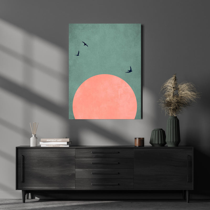 Wandbild - Rosa Dämmerung - Gemälde über luxuriöser Holzkommode und dunkelgrünen Vasen