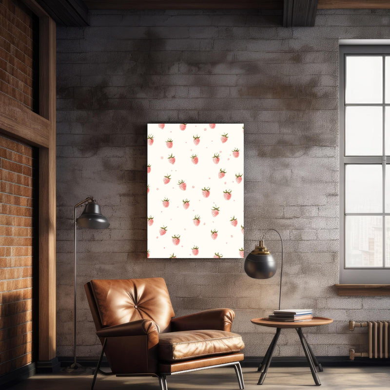 Wandbild - Rosa Erdbeeren - Grafik über geschmackvollem Sessel an rustikaler Ziegelwand