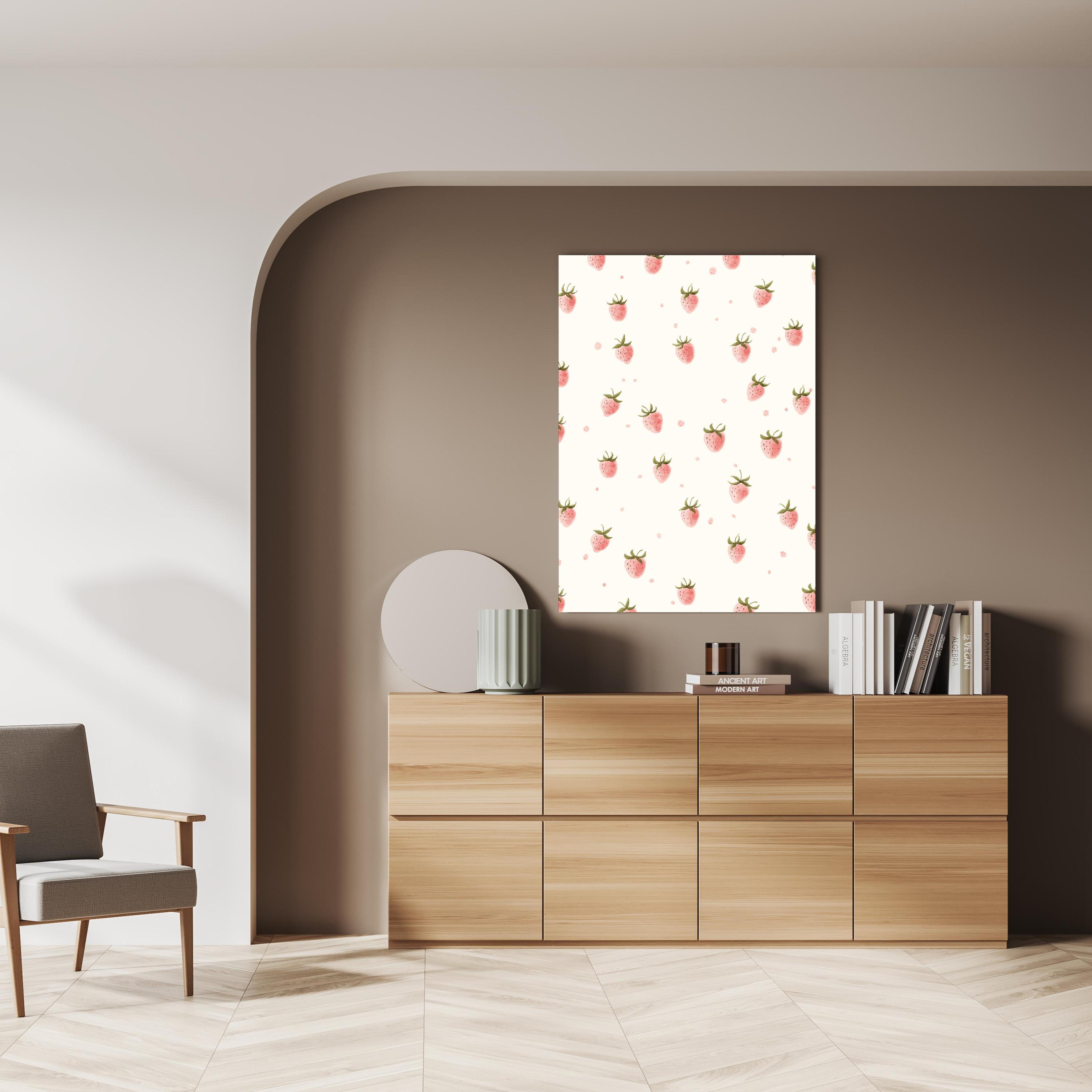 Wandbild - Rosa Erdbeeren - Grafik über doppelter Holzkommode mit Vase und Büchersammlung