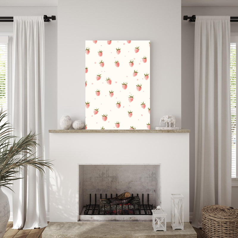 Wandbild - Rosa Erdbeeren - Grafik über edlem Kamin mit authentischem Altholz