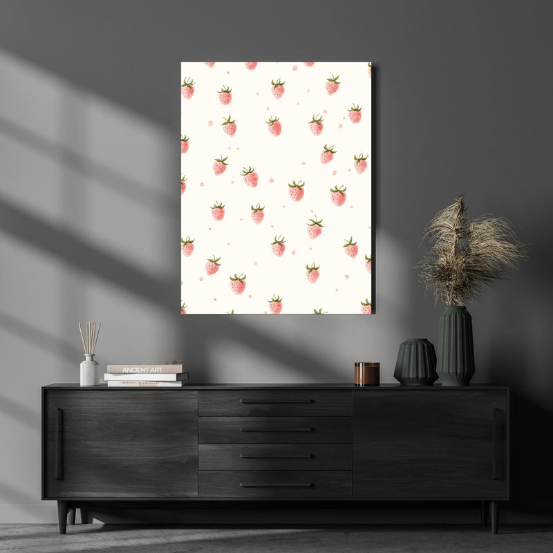 Wandbild - Rosa Erdbeeren - Grafik über luxuriöser Holzkommode und dunkelgrünen Vasen