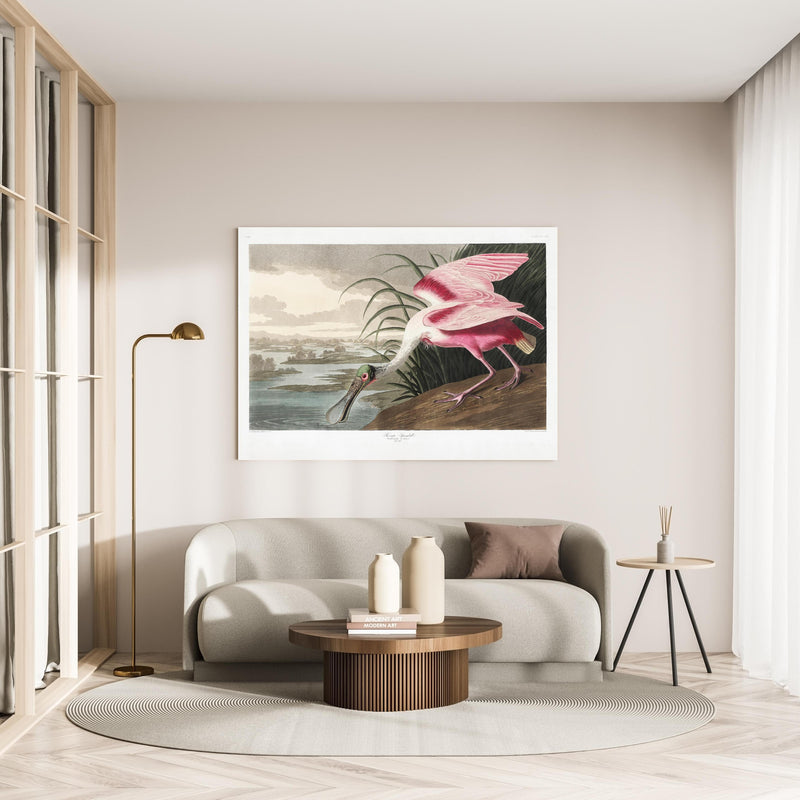 Wandbild - Rosalöffler in minimalistisch eingerichtetem cremefarbenen Wohnzimmer