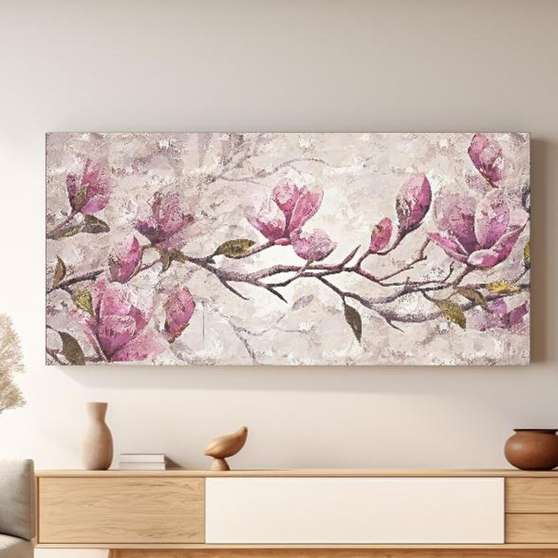 Wandbild - Sakura Baum - Gemälde in hellem Wohnzimmer über extravaganter Kommode Zoom