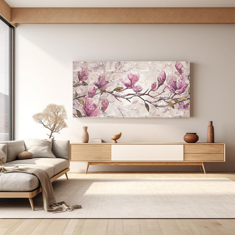 Wandbild - Sakura Baum - Gemälde in hellem Wohnzimmer über extravaganter Kommode