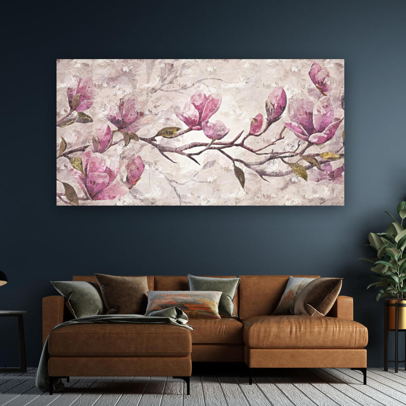 Wandbild - Sakura Baum - Gemälde an dunkelgrüner Wand über klassischem Sofa
