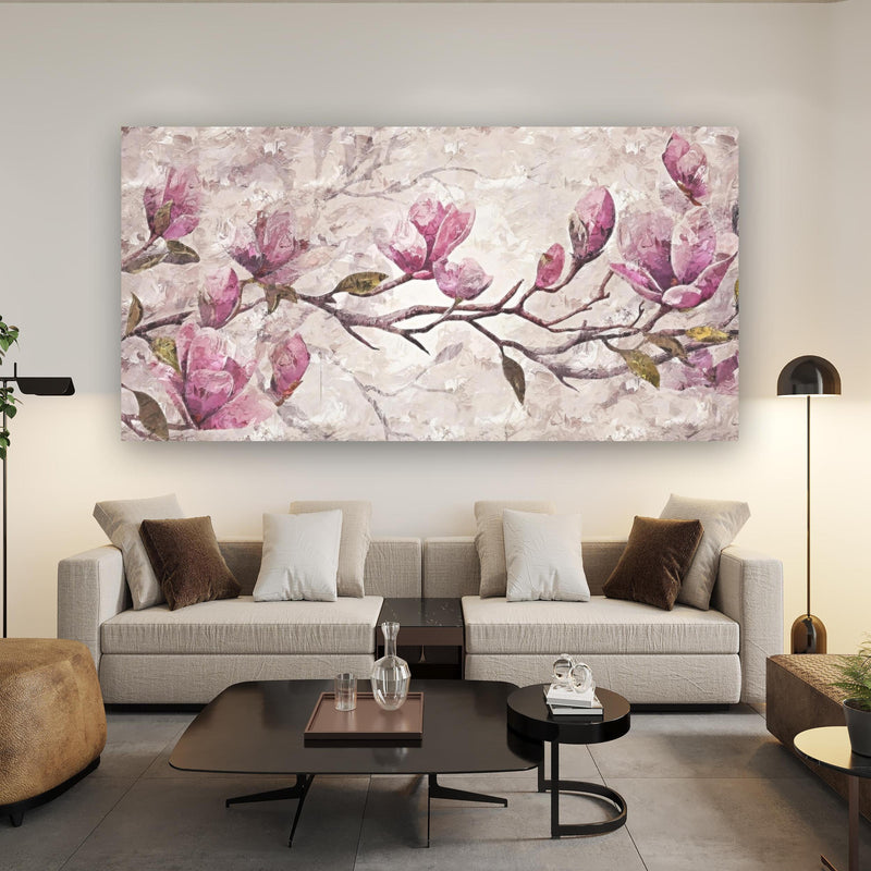 Wandbild - Sakura Baum - Gemälde über Urban-Stil Couch hinter futuristischem Tisch