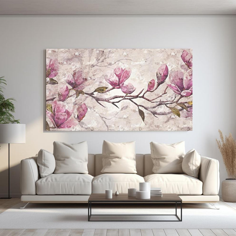 Wandbild - Sakura Baum - Gemälde hinter sanfter Couch mit cremefarbenen großen Kissen