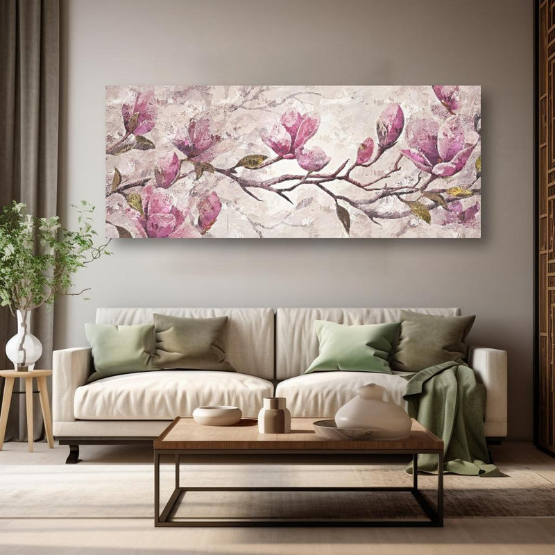 Wandbild - Sakura Baum - Gemälde in kreativ eingerichtetem Zimmer mit moderner Vase