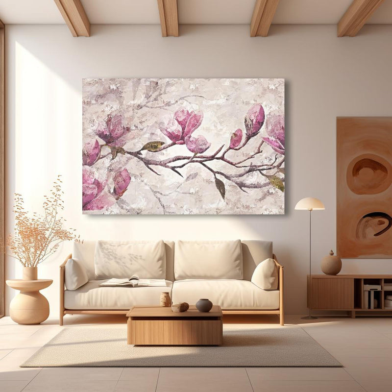 Wandbild - Sakura Baum - Gemälde in modernem Wohnzimmer im Loft-Stil