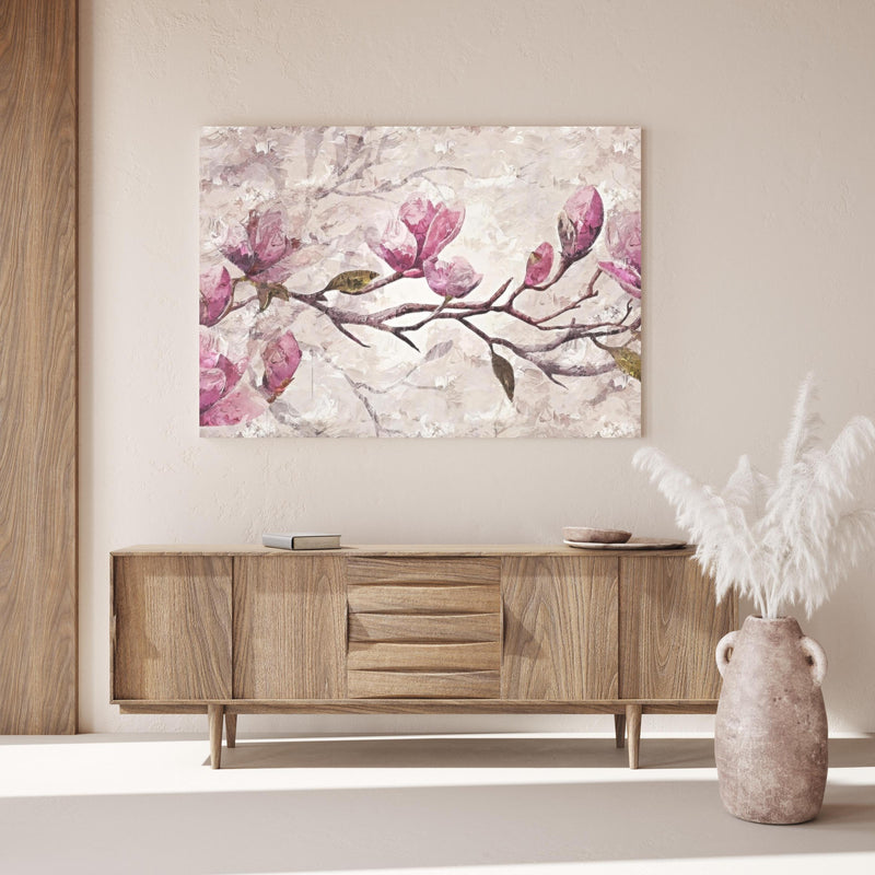 Wandbild - Sakura Baum - Gemälde über Holzkommode hinter dekorativer Zimmerpflanze