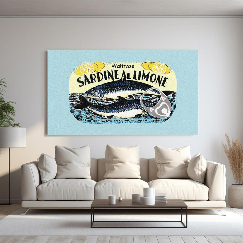 Wandbild - Sardine Al Limone hinter sanfter Couch mit cremefarbenen großen Kissen