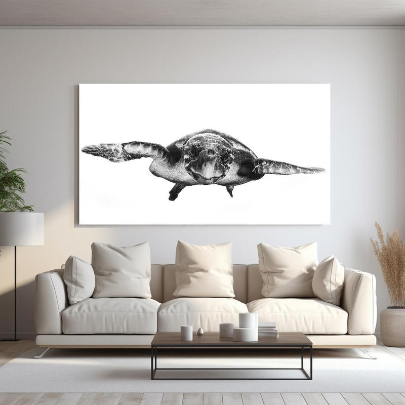 Wandbild - Schildkröte hinter sanfter Couch mit cremefarbenen großen Kissen