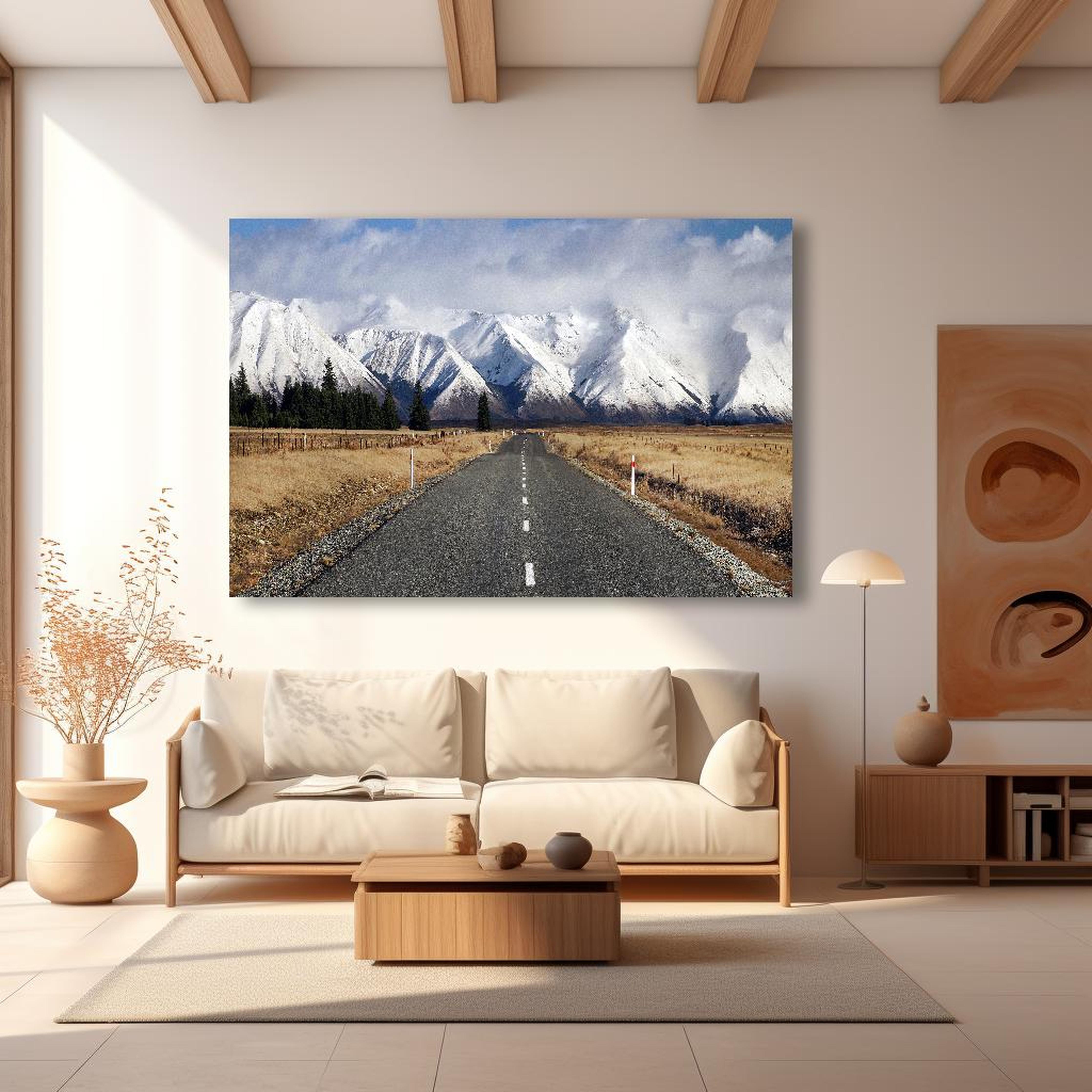 Wandbild - Schneeweißes Gebirge an einer Landstraße in modernem Wohnzimmer im Loft-Stil